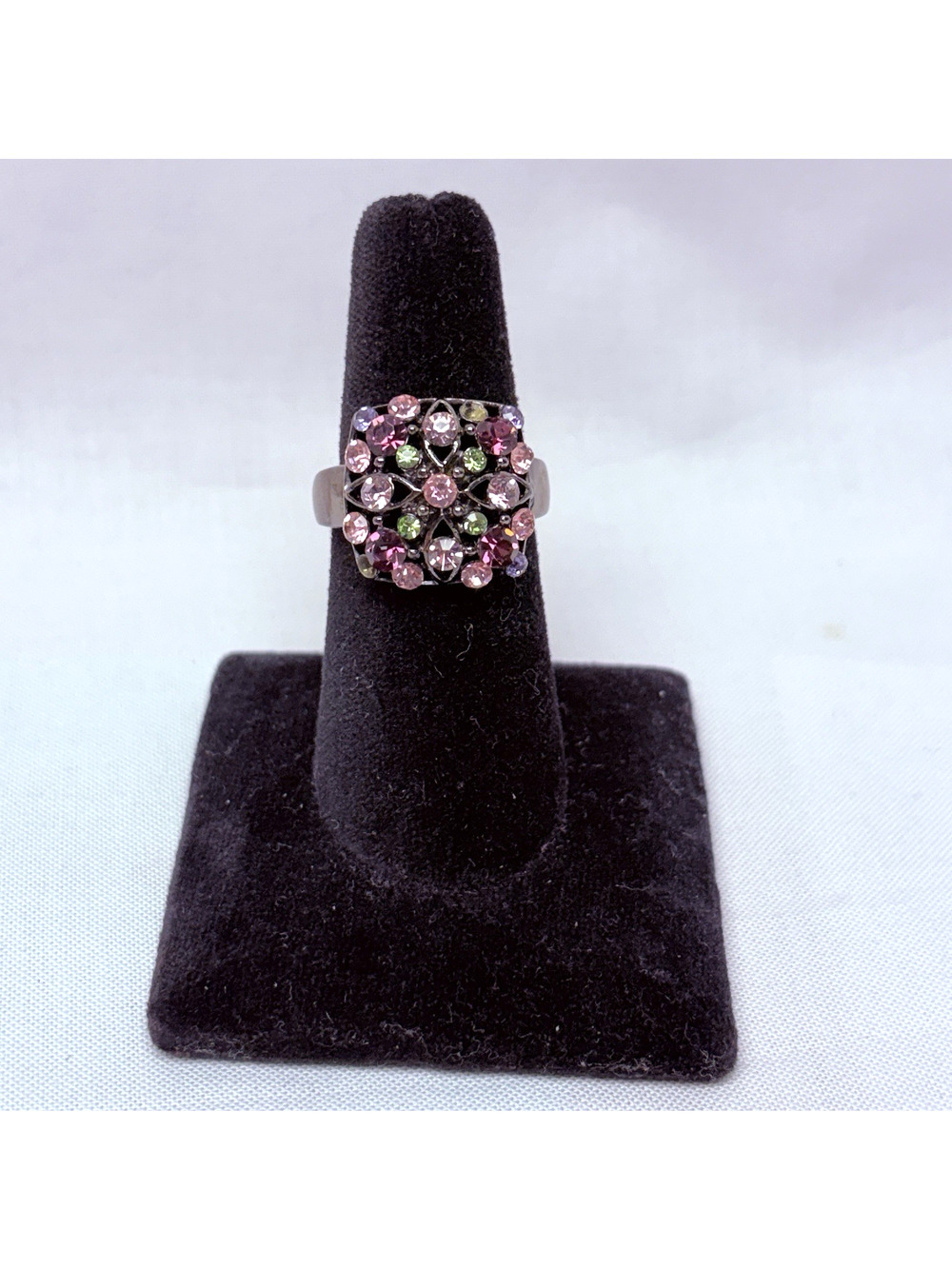 Vintage Gunmetal Rhinestone Cocktail Ring - Size 9